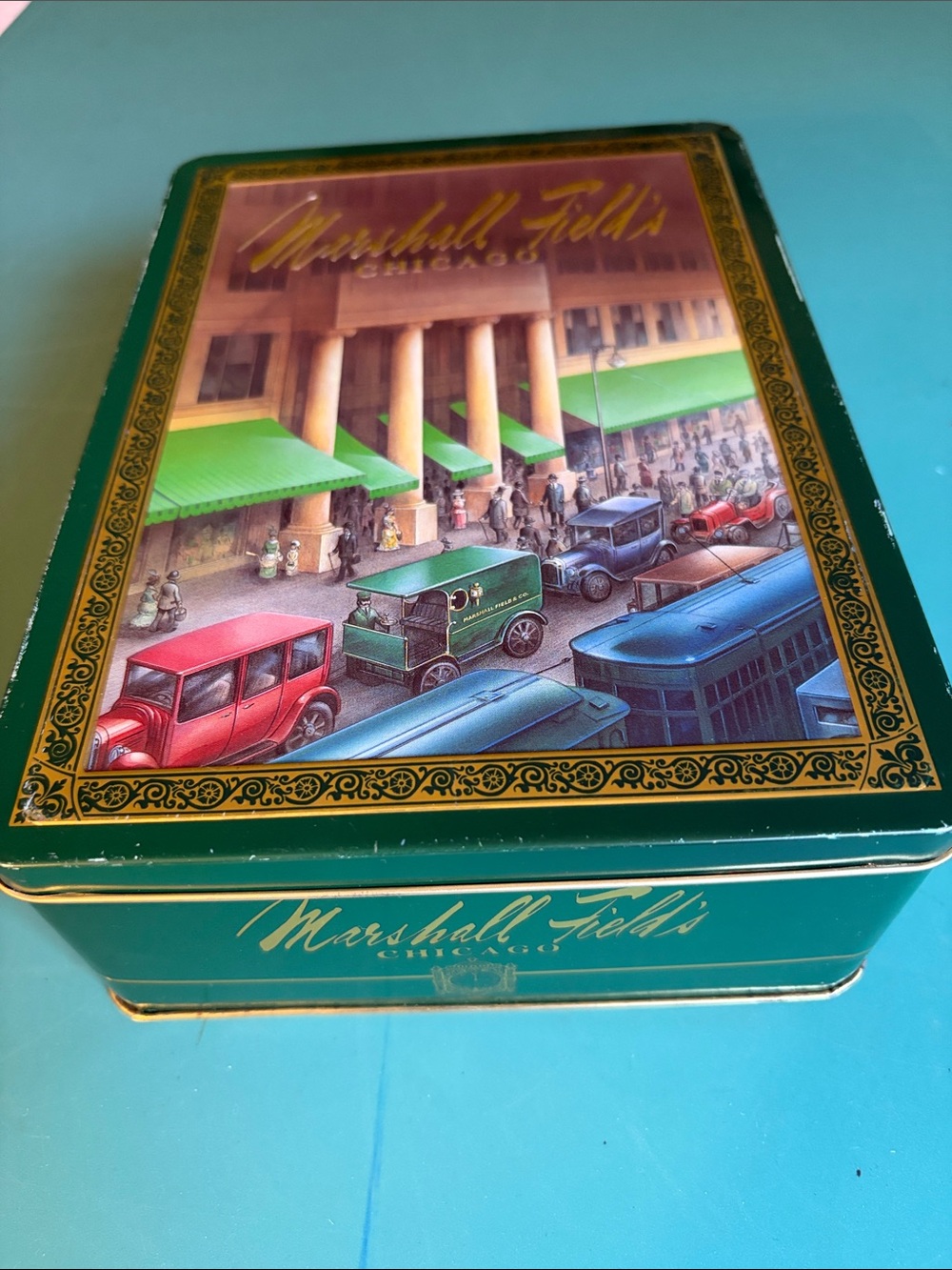 Marshall Field's Green Decorative Storage Tin with Vintage Street Art